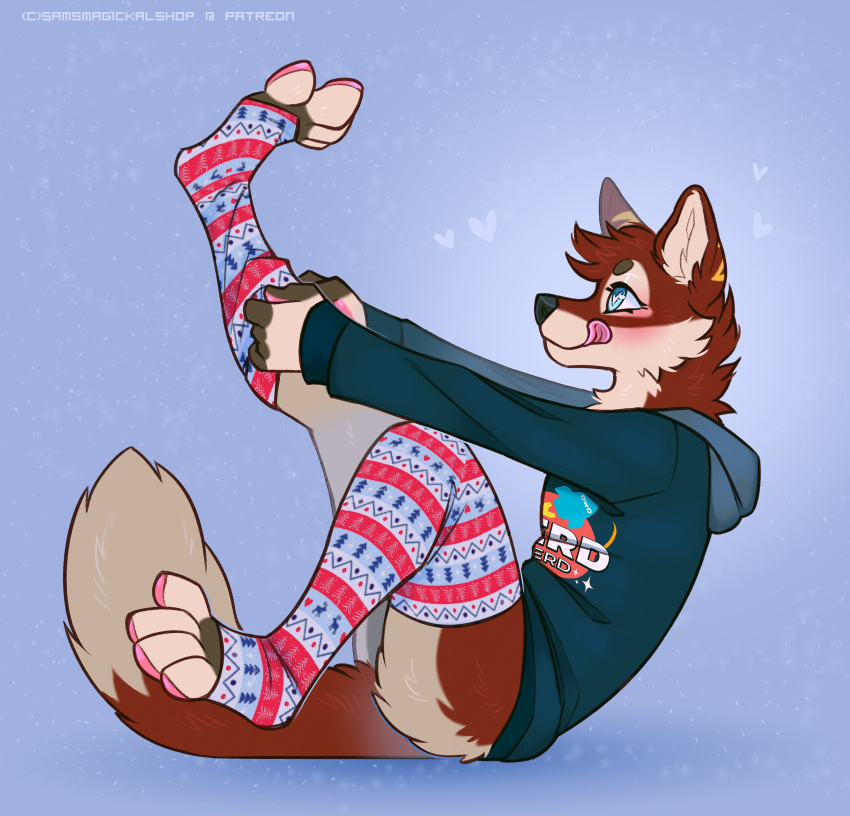 2022 4_toes absurd_res anthro blue_clothing blue_footwear blue_legwear blue_socks blue_thigh_highs blue_thigh_socks blush bottomless canid canine christmas christmas_clothing christmas_sock clothed clothing feet footwear heart_symbol hi_res holidays hoodie jfet legwear long_socks male mammal multicolored_clothing multicolored_footwear multicolored_legwear multicolored_socks multicolored_thigh_highs multicolored_thigh_socks pattern_clothing pattern_footwear pattern_legwear pattern_socks pattern_thigh_highs pattern_thigh_socks putting_on_socks samaella simple_background socks solo stockings striped_clothing striped_footwear striped_legwear striped_socks striped_thigh_highs striped_thigh_socks stripes thigh_highs thigh_socks toes topwear