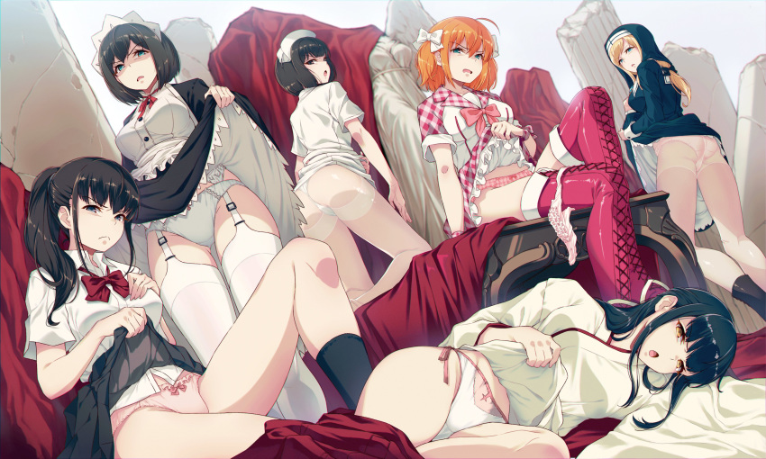 40hara 6+girls absurdres ahoge ass ass_visible_through_thighs black_hair blue_eyes blunt_bangs chromatic_aberration clothes_lift commentary_request crotch_seam disgust frown garter_straps glaring green_eyes habit hair_ribbon hakama hakama_short_skirt hakama_skirt hat highres itou_chitose iya_na_kao_sare_nagara_opantsu_misete_moraitai izumo_iori japanese_clothes lifting_own_clothes long_hair looking_back lying maid_headdress miko multiple_girls nun nurse_cap official_art on_side orange_hair panties panties_around_one_leg panties_over_garter_belt panties_under_pantyhose pantyhose pink_panties plaid plaid_panties pleated_skirt ponytail ribbon school_uniform scowl sega_airi short_hair sitting skirt skirt_around_ankles skirt_lift standing takayama_maria_(iyapan) tanahashi_misuzu thighhighs two_side_up underwear white_panties white_pantyhose white_thighhighs wide_sleeves yuina_(iyapan)