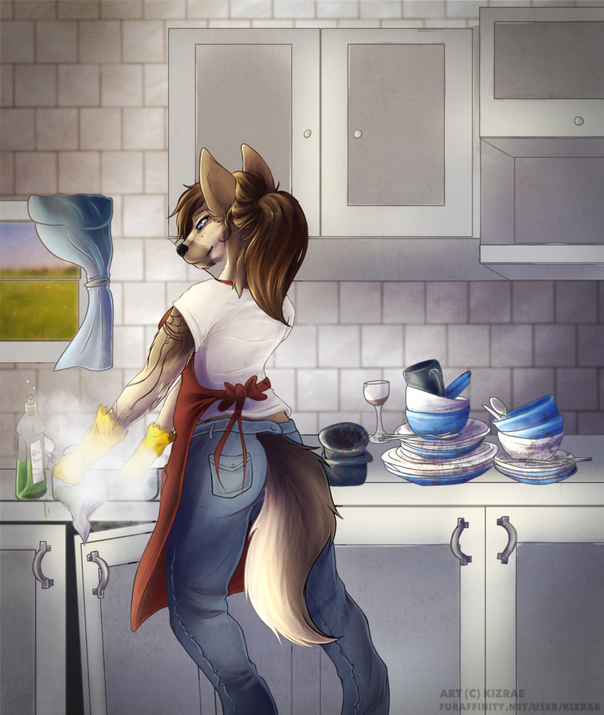 anthro apron breasts building canid canine canis clothed clothing domestic_dog female fully_clothed german german_shepherd glowing glowing_eyes hair herding_dog heterochromia hi_res house house_work kitchen kizrae mammal natasha_klopov pastoral_dog smile solo