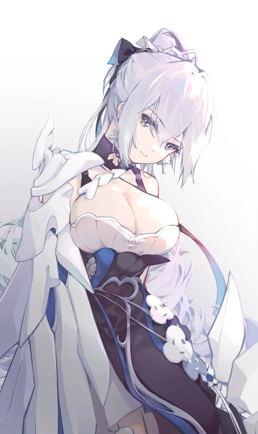 bare_shoulders breasts bronya_zaychik bronya_zaychik_(silverwing:_n-ex) cleavage closed_mouth crown dress earrings female grey_background grey_eyes grey_hair highres honkai_(series) honkai_impact_3rd jewelry large_breasts linxi long_hair looking_at_viewer simple_background single_sleeve sleeveless sleeveless_dress smile solo white_dress white_sleeves