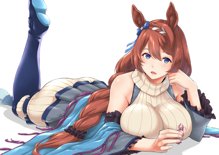 animal_ears blush braid braided_ponytail breasts female highres horse_ears horse_girl horse_tail kemigawa_mondo large_breasts long_hair looking_at_viewer mint open_mouth sleeveless sleeveless_sweater smile solo super_creek_(umamusume) sweater tail umamusume white_sweater