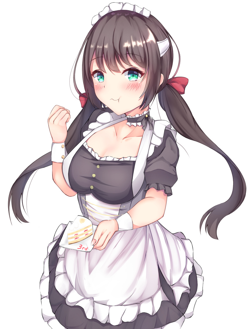 :t aitama_aizu apron azur_lane black_dress black_hair blue_eyes blush breasts cake cake_slice cleavage clenched_hand closed_mouth collarbone commentary_request cowboy_shot dress eating female food frilled_apron frilled_dress frills glasgow_(azur_lane) hair_between_eyes hair_ribbon hand_up highres holding holding_plate large_breasts long_hair looking_at_viewer low_twintails maid maid_headdress neck_garter plate puffy_short_sleeves puffy_sleeves red_ribbon ribbon short_sleeves sidelocks simple_background solo standing strawberry_shortcake taut_clothes taut_dress twintails white_apron white_background wrist_cuffs