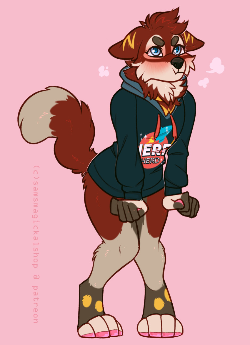 2021 4_toes absurd_res anthro blush bottomless canid canine clothed clothing feet hi_res hoodie hoodie_only jfet male mammal pouting samaella simple_background solo standing toes topwear topwear_only