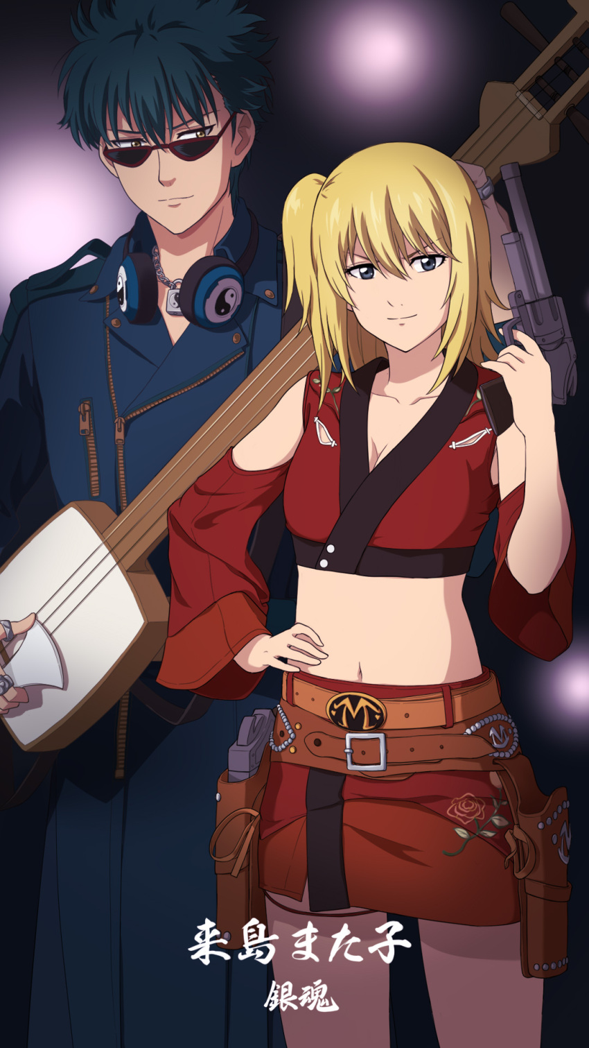 1boy bachi bare_shoulders belt black_background black_eyes black_hair blonde_hair blue_coat breasts brown_belt cleavage closed_mouth clothing_cutout coat collarbone commentary cowboy_shot crop_top female gintama glasses gun hair_between_eyes hand_on_own_hip hand_up headphones headphones_around_neck highres holding holding_gun holding_instrument holding_weapon holstered instrument kawakami_bansai kijima_matako laofuzi_dai_bansho long_sleeves looking_at_viewer midriff miniskirt navel one_side_up plectrum red_skirt shamisen short_hair shoulder_cutout sidelocks skirt small_breasts standing sunglasses teeth translated upper_teeth_only weapon wide_sleeves yin_yang yin_yang_print