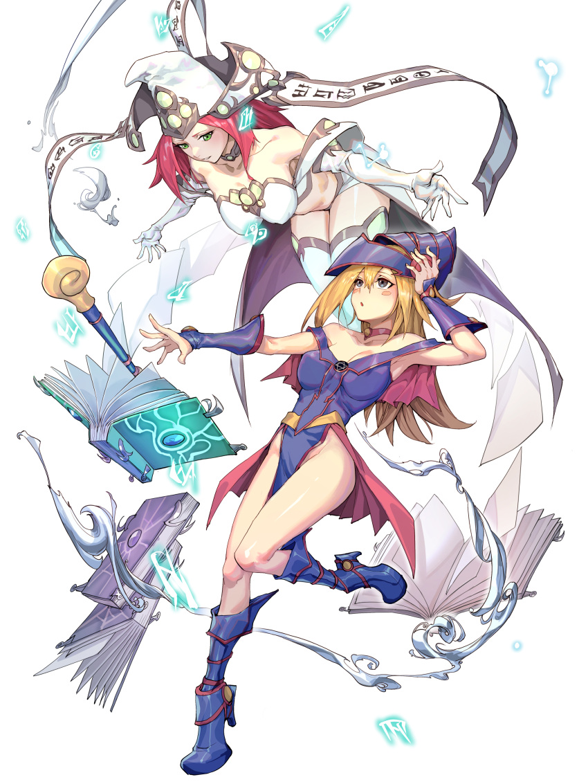 2girls absurdres bad_id bad_pixiv_id blonde_hair blue_eyes book boots breasts dark_magician_girl duel_monster elbow_gloves floating gloves green_eyes hand_up hat high_priestess_of_prophecy highres jinlin large_breasts long_hair multiple_girls open_book pelvic_curtain purple_footwear red_eyes showgirl_skirt staff white_background white_gloves wizard_hat yu-gi-oh!