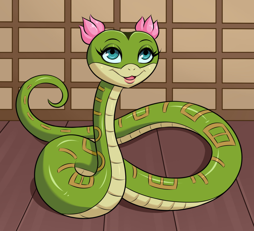 blue_eyes detailed_background dreamworks female feral hi_res huitu_c inside kung_fu_panda lips looking_up mammal master_viper reptile scalie smile snake solo