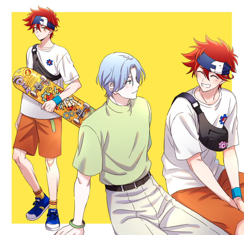 2boys bangle belt blue_hair bracelet closed_eyes fanny_pack hair_between_eyes hasegawa_langa headband highres jewelry kyan_reki looking_at_viewer male_focus md5_mismatch messy_hair multiple_boys orange_eyes pants red_hair resolution_mismatch sana423 shirt shoes short_hair shorts simple_background sk8_the_infinity skateboard smile socks source_smaller streetwear t-shirt white_shirt