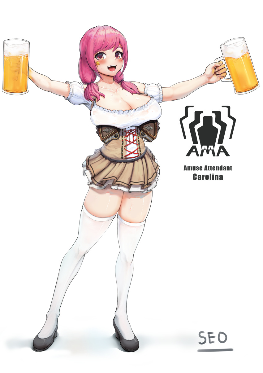 absurdres alcohol barmaid beer beer_mug blush breasts carolina_(last_origin) character_name cleavage collarbone commentary_request cup dirndl dress female full_body german_clothes high_heels highres huge_breasts korean_commentary last_origin long_hair mug oktoberfest open_mouth seo_(tqhgud016) short_dress simple_background smile solo thighhighs twintails white_background