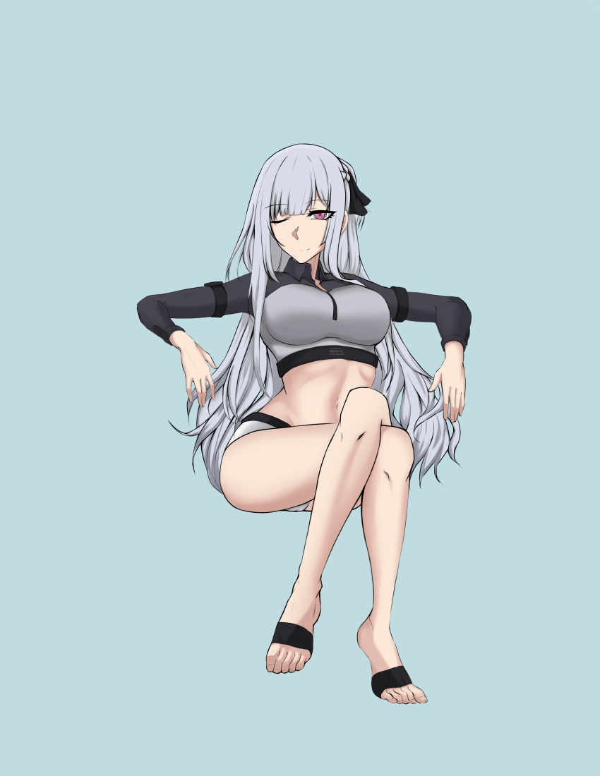 absurdres ak-12_(age_of_slushies)_(girls'_frontline) ak-12_(girls'_frontline) bare_legs barefoot blue_background breasts closed_mouth crossed_legs english_commentary feet female full_body girls'_frontline hair_ribbon highres legs long_hair long_sleeves looking_at_viewer matsu_arts medium_breasts navel official_alternate_costume on_floor one_eye_closed purple_eyes ribbon simple_background sitting solo sports_bikini sports_swimsuit thighs toes white_hair