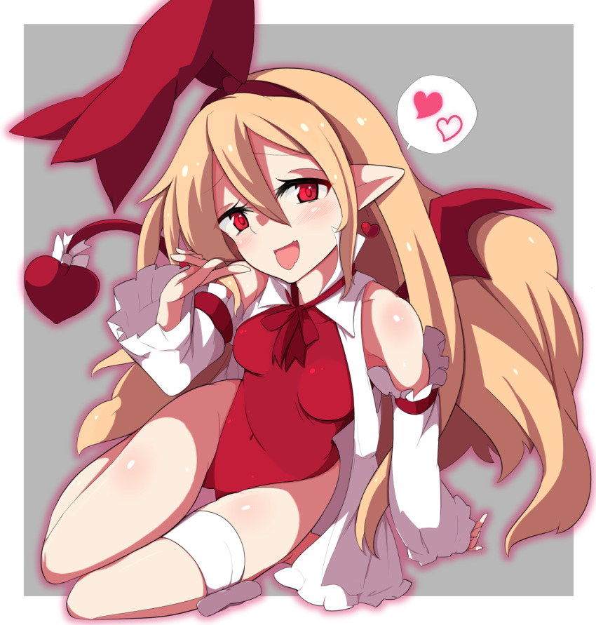 blonde_hair blush bound bow breasts covered_navel disgaea female flonne flonne_(fallen_angel) hair_ribbon highleg highleg_leotard highres kawa_mura leg_ribbon leotard long_hair looking_at_viewer makai_senki_disgaea open_mouth pointy_ears red_eyes red_leotard ribbon small_breasts solo tail thigh_ribbon tongue tongue_out