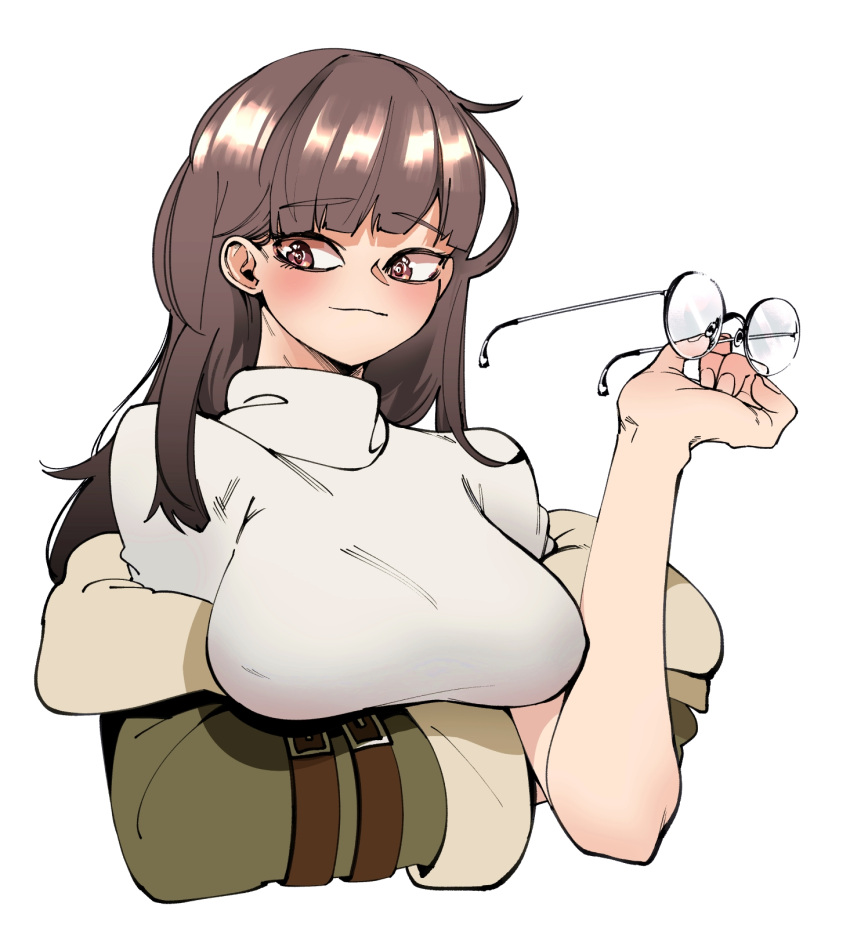 :3 black_survival blush breasts brown_eyes brown_hair closed_mouth coat female green_coat grey_sweater highres holding holding_removed_eyewear korean_commentary large_breasts long_hair long_sleeves mnnnya off_shoulder round_eyewear simple_background smile smug solo suzuki_aya sweater unworn_eyewear upper_body white_background