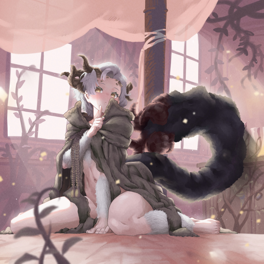 absurdres arm_hair bare_legs barefoot between_legs body_fur brown_robe cape chest_hair ekrea_jan elden_ring female finger_to_mouth genderswap_(mtf) grey_hair hand_between_legs highres horns leg_hair looking_at_viewer margit_the_fell_omen medium_hair midriff morgott_the_omen_king naked_cape navel pillar plant rag revealing_clothes robe rule_63 scales shushing sitting tail vines wariza window yellow_eyes