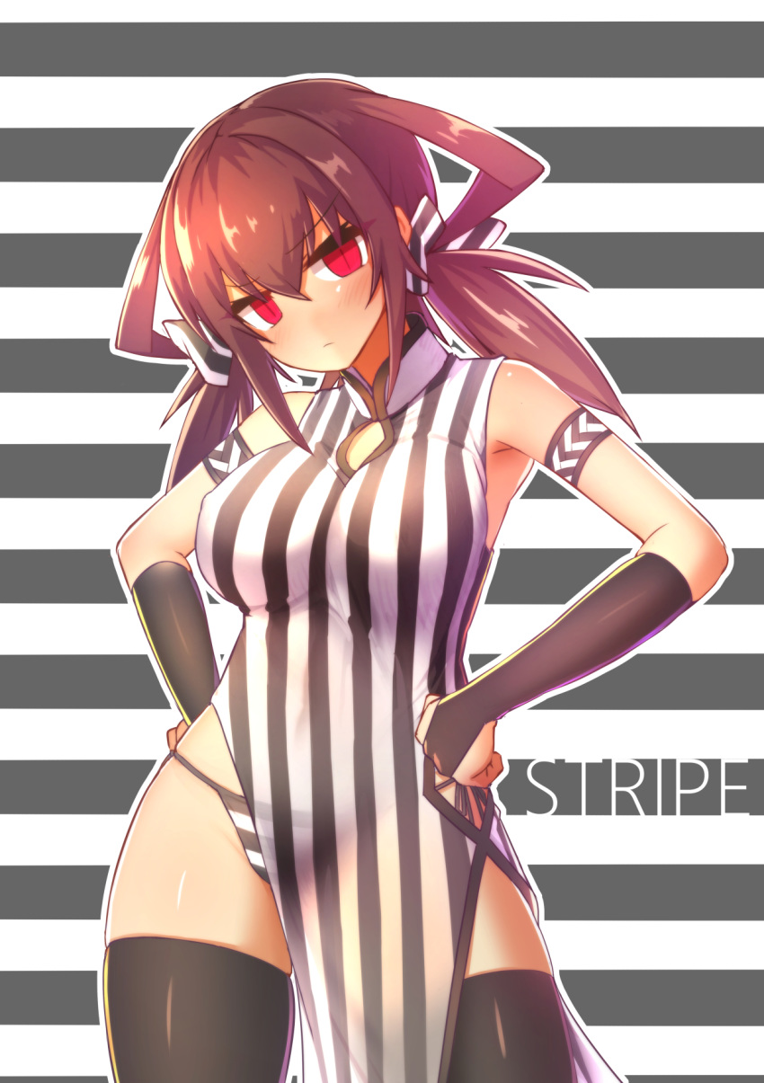 armpits black_gloves black_thighhighs breasts brown_hair cleavage_cutout closed_mouth clothing_cutout dress elbow_gloves female fingerless_gloves frown gloves hands_on_own_hips highres konohana_saku large_breasts original panties red_eyes see-through side-tie_panties solo striped_background striped_clothes striped_dress striped_panties thighhighs twintails underwear