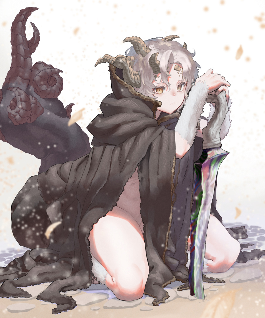 absurdres arm_hair bare_legs beach body_fur brown_cloak cape cloak ekrea_jan elden_ring falling_leaves female genderswap_(mtf) grey_hair highres horns kneeling leaf leg_hair margit_the_fell_omen medium_hair morgott_the_omen_king naked_cape parted_bangs rag revealing_clothes rule_63 sand sword tail thighs water weapon yellow_eyes