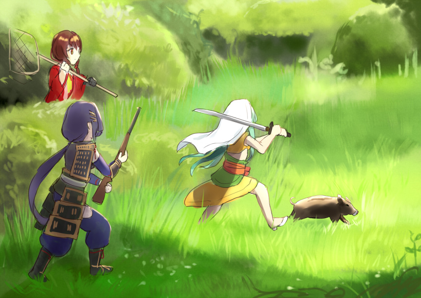 3girls arm_warmers armor boar braid brown_eyes brown_hair chasing day from_behind grass green_hair gun hakama hakama_pants halterneck hand_net high_heels highres himetsuru_ichimonji_(tenka_hyakken) holding holding_gun holding_sword holding_weapon japanese_armor japanese_clothes jika-tabi kimono kote kurofuti long_hair low_ponytail low_twin_braids multiple_girls nagashino_ichimonji obi outdoors pants purple_hair red_kimono rifle sash shimazu_masamune shoulder_armor skirt sleeveless sunlight sword tachi_(weapon) tall_grass tenka_hyakken twin_braids veil weapon wide_sleeves yellow_skirt