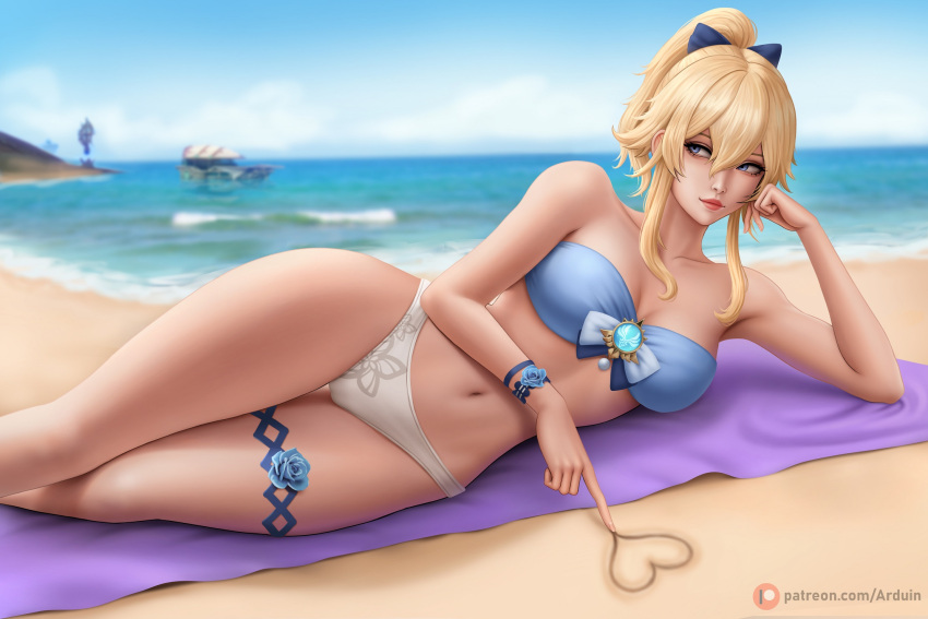 arduina_(arduin_art) arm_strap beach beach_towel bikini blonde_hair blue_bikini blue_eyes blue_flower blue_rose blue_sky bow breasts cleavage collarbone female floral_print flower genshin_impact hair_between_eyes hairbow head_rest heart highres jean_(genshin_impact) jean_(sea_breeze_dandelion)_(genshin_impact) large_breasts long_hair looking_to_the_side lying navel ocean on_side outdoors patreon_username ponytail red_lips rose sand sky solo swimsuit thigh_strap towel two-tone_bikini vision_(genshin_impact) waverider_(genshin_impact) white_bikini