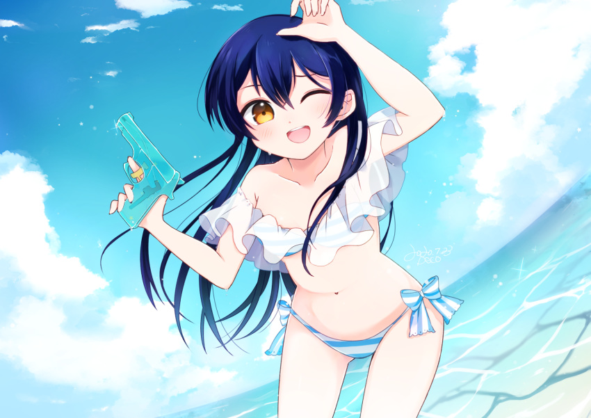 bikini blue_hair blush cowboy_shot day female hand_up highres holding holding_water_gun long_hair looking_at_viewer love_live! love_live!_school_idol_project marine_day misora_deco ocean one_eye_closed open_mouth see-through side-tie_bikini_bottom smile solo sonoda_umi striped_bikini striped_clothes swimsuit water water_gun yellow_eyes