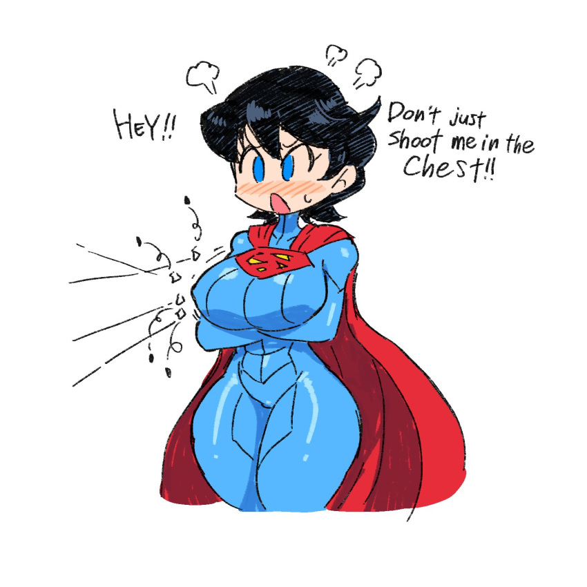 animification black_hair blue_bodysuit blue_eyes blush bodysuit breasts bullet cape cowboy_shot dc_comics english_text female genderswap_(mtf) highres large_breasts nose_blush open_mouth rariatto_(ganguri) red_cape rule_63 shiny_clothes short_hair simple_background standing steam superhero_costume superman_(series) superwoman sweatdrop thighs white_background