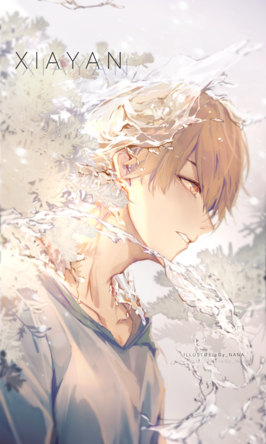 1boy artist_name brown_eyes brown_hair character_name grey_hoodie grin hair_between_eyes highres hood hoodie luke_pearce_(tears_of_themis) male_focus nana895 open_mouth short_hair smile solo tears_of_themis teeth water waves