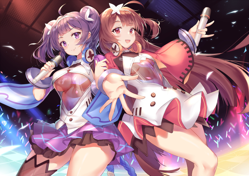 2girls :d ahoge azur_lane bracelet breasts brown_hair brown_thighhighs cleavage closed_mouth commentary_request cropped_jacket dress glowstick headphones headphones_around_neck highres holding holding_microphone idol jewelry large_breasts long_hair long_sleeves looking_at_viewer medium_breasts microphone miniskirt multiple_girls ning_hai_(azur_lane) ning_hai_(dragon_sisters!_-n)_(azur_lane) official_alternate_costume open_mouth outstretched_arm pdxen ping_hai_(azur_lane) ping_hai_(dragon_sisters!_-p)_(azur_lane) purple_eyes purple_hair purple_skirt red_eyes see-through shirt single_thighhigh skirt smile standing thighhighs thighs twintails underboob very_long_hair white_dress white_shirt wide_sleeves