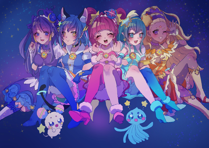 5girls ;d ^_^ absurdres ahoge amamiya_elena animal_ear_fluff animal_ears antennae aqua_choker aqua_eyes aqua_footwear aqua_hair aqua_pantyhose bad_id bad_pixiv_id bare_shoulders bell black_choker blonde_hair blue_background blue_eyes blue_gloves blue_hair blue_legwear blunt_bangs blush boots braid cat_ears cat_girl cat_tail choker closed_eyes closed_mouth collar collarbone commentary creature crescent crescent_hair_ornament cure_cosmo cure_milky cure_selene cure_soleil cure_star dark-skinned_female dark_skin detached_collar dress earrings elbow_gloves facing_viewer forehead fur-trimmed_footwear fur-trimmed_gloves fur_cuffs fur_trim fuwa_(precure) gloves gradient_legwear grin hagoromo_lala hair_ornament hair_pulled_back hairband halterneck happy headpiece heart heart_in_mouth heart_print high_heels highres hoop_earrings hoshina_hikaru jewelry kaguya_madoka knee_boots knee_up knees_together_feet_apart knees_up locked_arms long_hair looking_at_another looking_at_viewer low_twintails lower_teeth_only magical_girl maid_headdress multicolored_clothes multicolored_hair multicolored_skirt multiple_girls neck_bell off-shoulder_dress off_shoulder one_eye_closed open_mouth orange_dress pantyhose pink_choker pink_dress pink_footwear pink_hair planet_hair_ornament pouch precure prunce_(precure) puffy_pants puffy_short_sleeves puffy_sleeves purple_choker purple_collar purple_dress purple_eyes purple_hairband rainbow_skirt round_teeth see-through see-through_sleeves short_sleeves side-by-side sideways_glance simple_background single_leg_pantyhose single_thighhigh sitting skirt sleeveless sleeveless_dress smile sparkle star-shaped_pupils star_(sky) star_(symbol) star_choker star_earrings star_hair_ornament star_in_eye star_print star_twinkle_precure streaked_hair symbol-only_commentary symbol-shaped_pupils symbol_in_eye tail teeth thighhighs triangle_earrings twin_braids twintails upper_teeth_only v very_long_hair waving wavy_hair white_footwear white_sleeves wrist_cuffs yellow_dress yellow_eyes yellow_hairband yuni_(precure) zuzuko