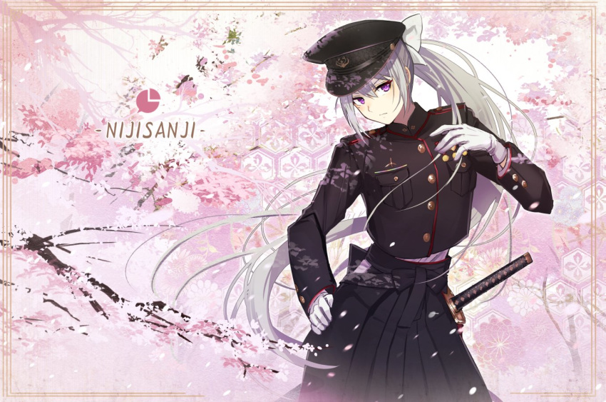 bad_id bad_twitter_id black_hat black_shirt black_skirt blush border bow breasts cherry_blossoms closed_mouth commentary copyright_name cowboy_shot female gloves grey_hair hair_between_eyes hairbow hand_on_own_hip hat higuchi_kaede higuchi_kaede_(8th_costume) katana long_hair long_sleeves looking_at_viewer military military_hat military_uniform mole mole_under_eye nijisanji ogamikeito peaked_cap pleated_skirt ponytail purple_eyes shirt skirt small_breasts solo sword uniform virtual_youtuber weapon white_gloves