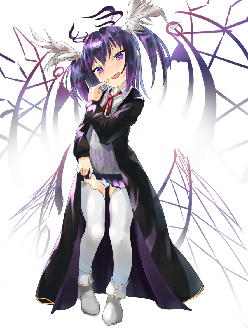 bad_id bad_pixiv_id black_coat black_hair blue_panties chloe_(sennen_sensou_aigis) coat female highres issenniki lifting_own_clothes medium_hair miniskirt oerba_yun_fang panties pointing pointing_at_self pointy_ears purple_eyes purple_hair red_ribbon ribbon sennen_sensou_aigis short_twintails simple_background skirt solo thighhighs twintails underwear white_background white_thighhighs