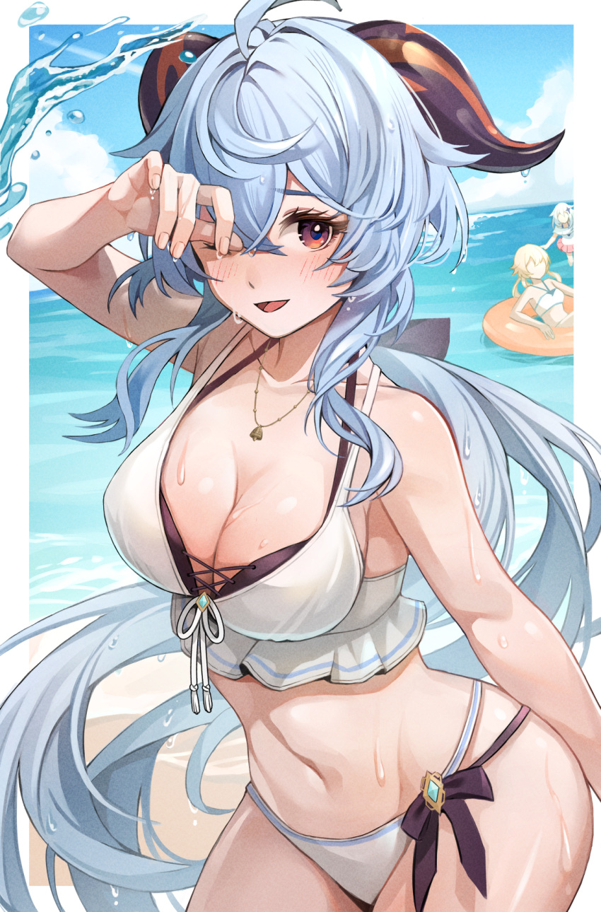 3girls :d ahoge alternate_costume bare_shoulders bikini blue_hair blush breasts cleavage collarbone ganyu_(genshin_impact) genshin_impact goat_horns highres horns large_breasts long_hair looking_at_viewer lumine_(genshin_impact) moguta_(moguta9) multiple_girls navel ocean paimon_(genshin_impact) purple_eyes revision sidelocks smile solo_focus stomach swimsuit thighs water wet