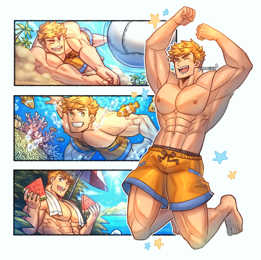 1boy abs absurdres air_bubble artist_name ball bara blonde_hair bubble closed_eyes clownfish coral coral_reef day fish food fruit granblue_fantasy green_eyes highres holding holding_food holding_fruit holding_watermelon large_pectorals male_focus multiple_views muscular muscular_male navel nipples official_alternate_costume one_eye_closed oneirio orange_shorts outdoors pectorals short_hair shorts sky smile stomach submerged teeth topless_male towel towel_around_neck tropical_fish vane_(granblue_fantasy) vane_(summer)_(granblue_fantasy) volleyball volleyball_(object) water watermelon