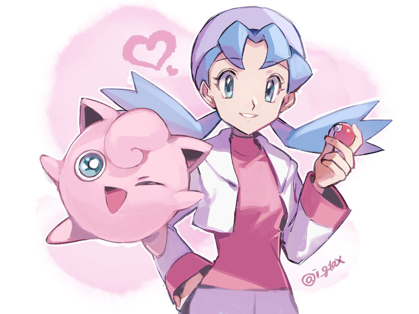 blue_hair commentary_request cropped_jacket eyelashes female green_eyes grey_headwear hand_on_own_hip hand_up hat heart holding holding_poke_ball i_g1ax jacket jigglypuff long_hair long_sleeves marina_(pokemon) parted_lips pink_shirt poke_ball poke_ball_(basic) pokemon pokemon_(anime) pokemon_(classic_anime) pokemon_(creature) shirt smile twintails twitter_username white_jacket