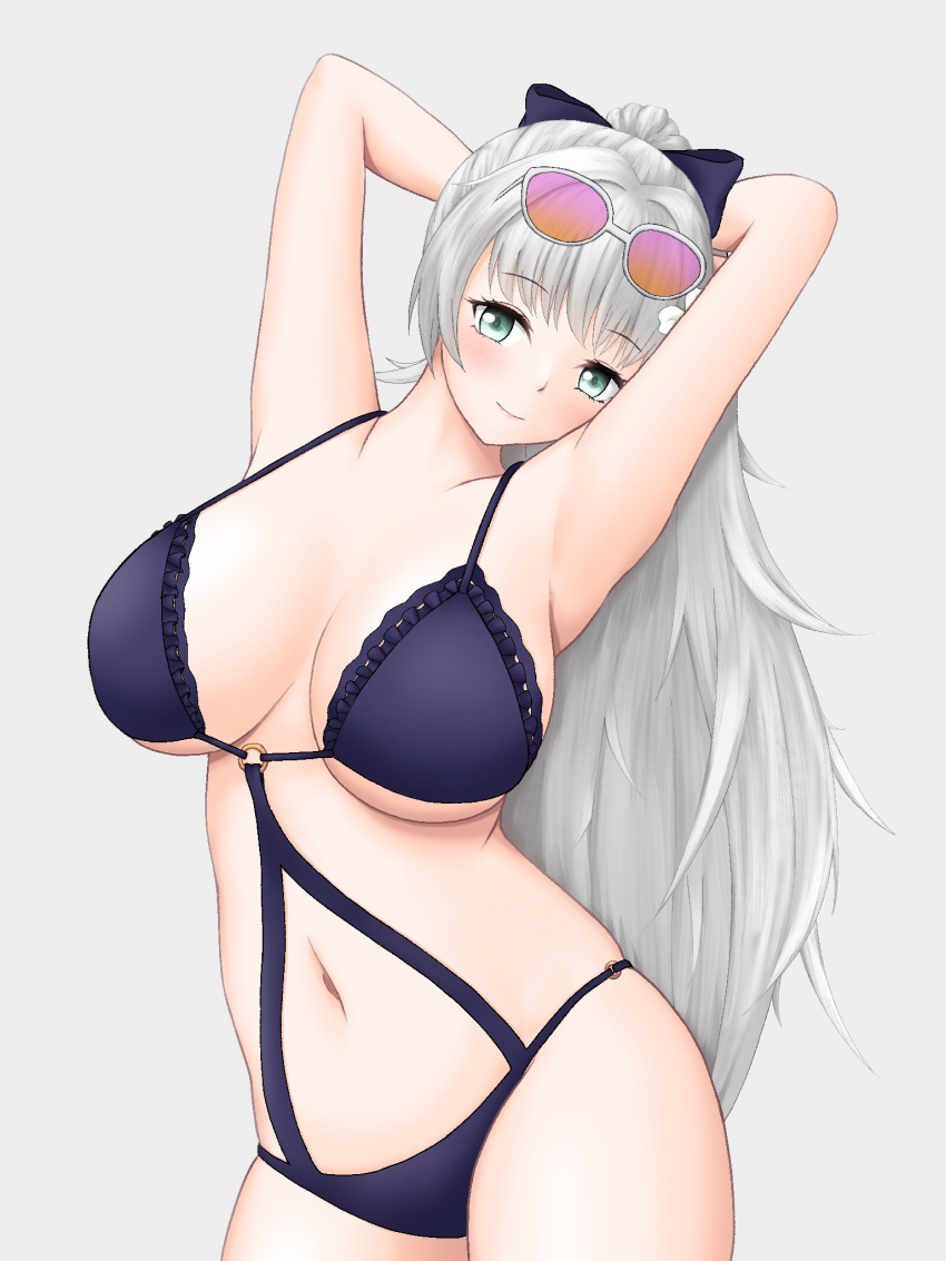 armpits arms_behind_head azur_lane bikini bow breasts female grey_background grey_eyes grey_hair highres huge_breasts linked_bikini long_hair looking_at_viewer moyashi_081 navel o-ring o-ring_swimsuit official_alternate_costume pink-tinted_eyewear presenting_armpit purple_bikini purple_bow solo standing swimsuit tinted_eyewear very_long_hair vittorio_veneto_(azur_lane) vittorio_veneto_(the_flower_of_la_spezia)_(azur_lane) white-framed_eyewear