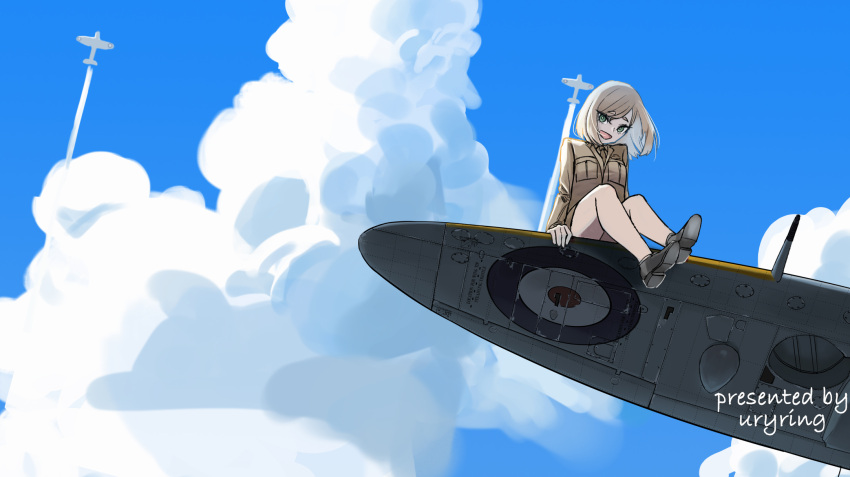 aircraft airplane blonde_hair cloud cloudy_sky female green_eyes highres necktie original sky solo supermarine_spitfire united_kingdom uryring world_war_ii