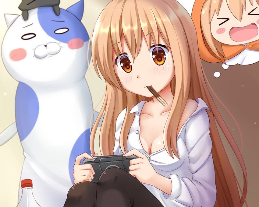 blonde_hair breasts cat_smile cleavage cropped doma_umaru drink game_console himouto!_umaru-chan kazenokaze nekoronbusu nichijou orange_eyes pocky sakamoto_(nichijou)