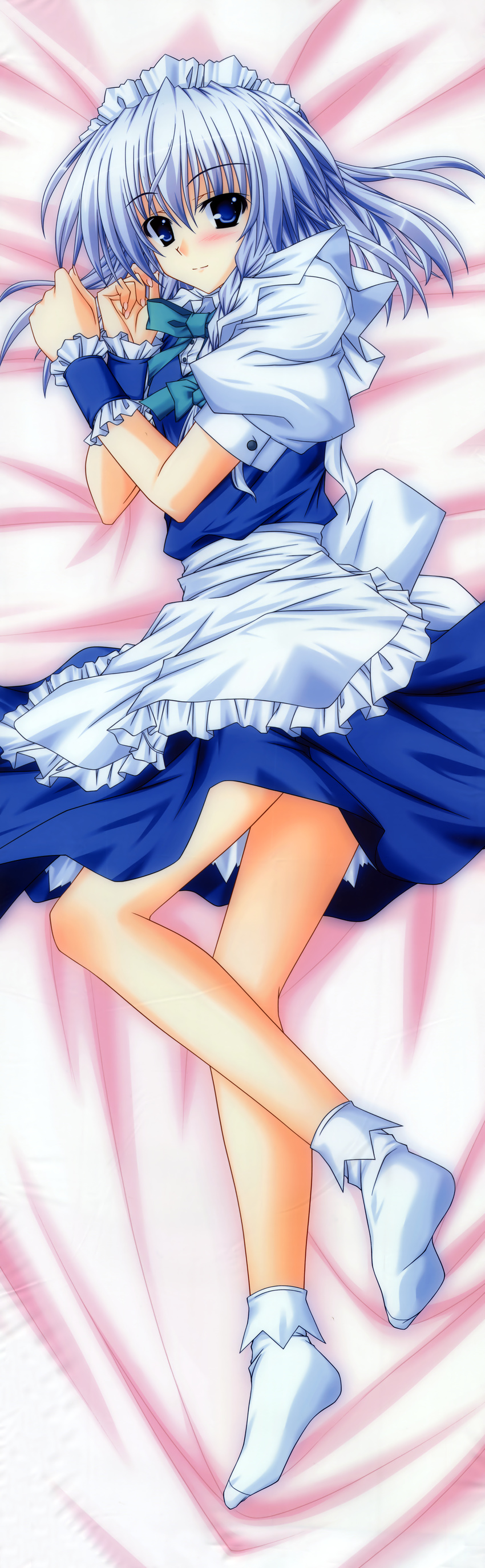 absurdres aoi_hiro blue_eyes blue_hair dakimakura feet female female fixed highres izayoi_sakuya legs long_image lying maid maid_headdress no_shoes possible_duplicate socks solo tall_image touhou wrist_cuffs