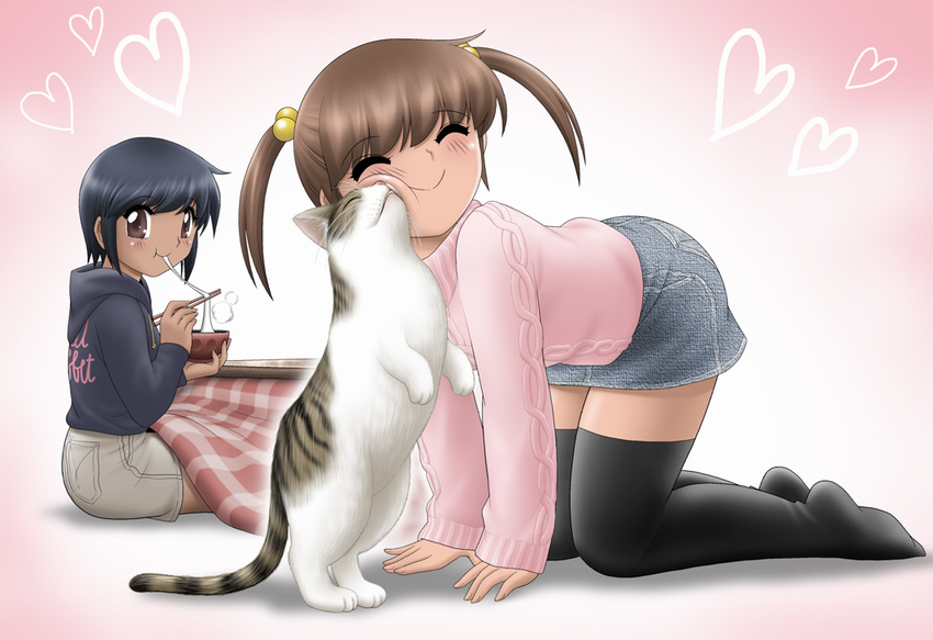 2girls ^_^ all_fours black_legwear blue_hair blush bowl brown_eyes brown_hair cheek-to-cheek chopsticks closed_eyes commentary_request feline food heads_together heart holding holding_chopsticks hood hoodie kanchuumimai kotatsu mochi mochi_trail multiple_girls no_shoes nuzzle original pink_background shingyouji_tatsuya sitting skirt smile sweater table thighhighs twintails zettai_ryouiki zouni_soup