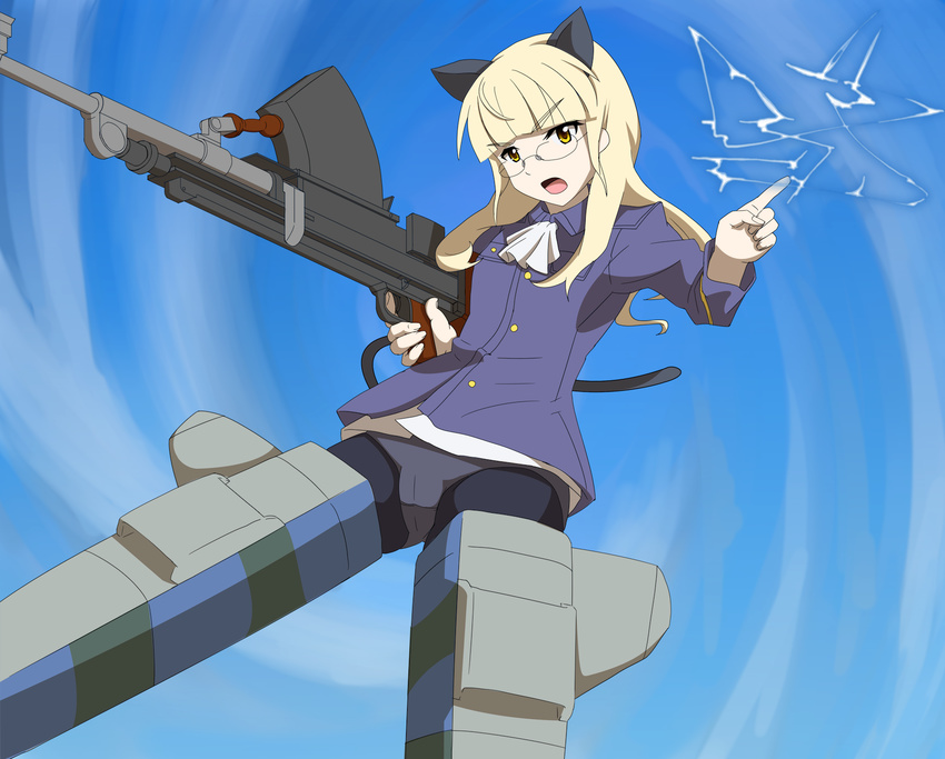 ajapar animal_ears blonde_hair bren_lmg cat_ears cat_girl cat_tail cloud commentary_request day electricity female flying glasses gun highres index_finger_raised light_machine_gun long_hair looking_at_viewer machine_gun open_mouth outdoors panties panties_under_pantyhose pantyhose perrine_h._clostermann sky solo strike_witches striker_unit tail underwear weapon white_panties world_witches_series yellow_eyes