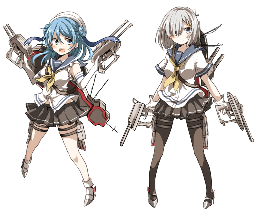 2girls black_legwear blue_hair commentary_request double_bun dual_wielding elbow_gloves gloves grey_hair hair_bun hair_ornament hair_over_one_eye hairclip hamakaze_(kancolle) hat holding kantai_collection multiple_girls neckerchief pantyhose pleated_skirt rigging ryukadomatsu sailor_collar sailor_hat school_uniform serafuku short_hair skirt sleeves_rolled_up teeth torpedo turret urakaze_(kancolle) white_hat yellow_neckerchief