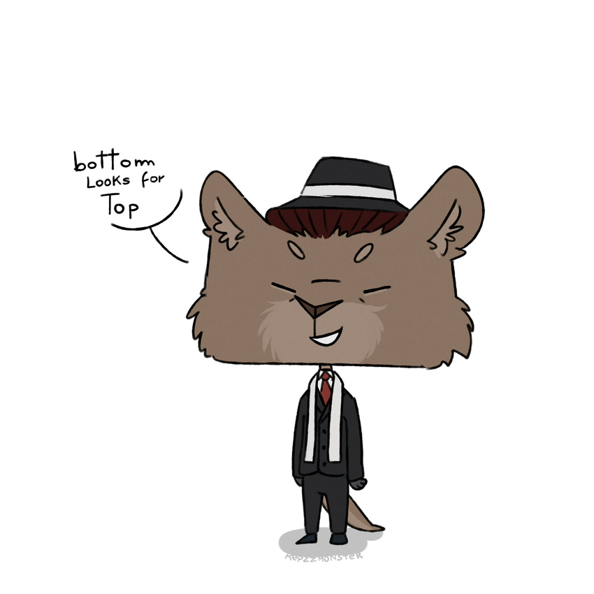 1:1 anthro chibi closed_eyes clothed clothing dialogue english_text front_view fully_clothed hat headgear headwear hi_res huge_head male mammal mustelid otter repzzmonster simple_background smile solo standing text toony white_background