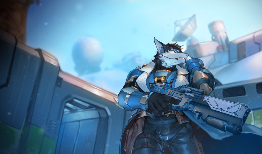 anthro black_body black_fur black_hair blue_eyes building clothed clothing discordnight fur gun hair hi_res male military multicolored_body multicolored_fur outside ramenbeny ranged_weapon science_fiction sergal sky soldier solo warrior weapon white_body white_fur winter