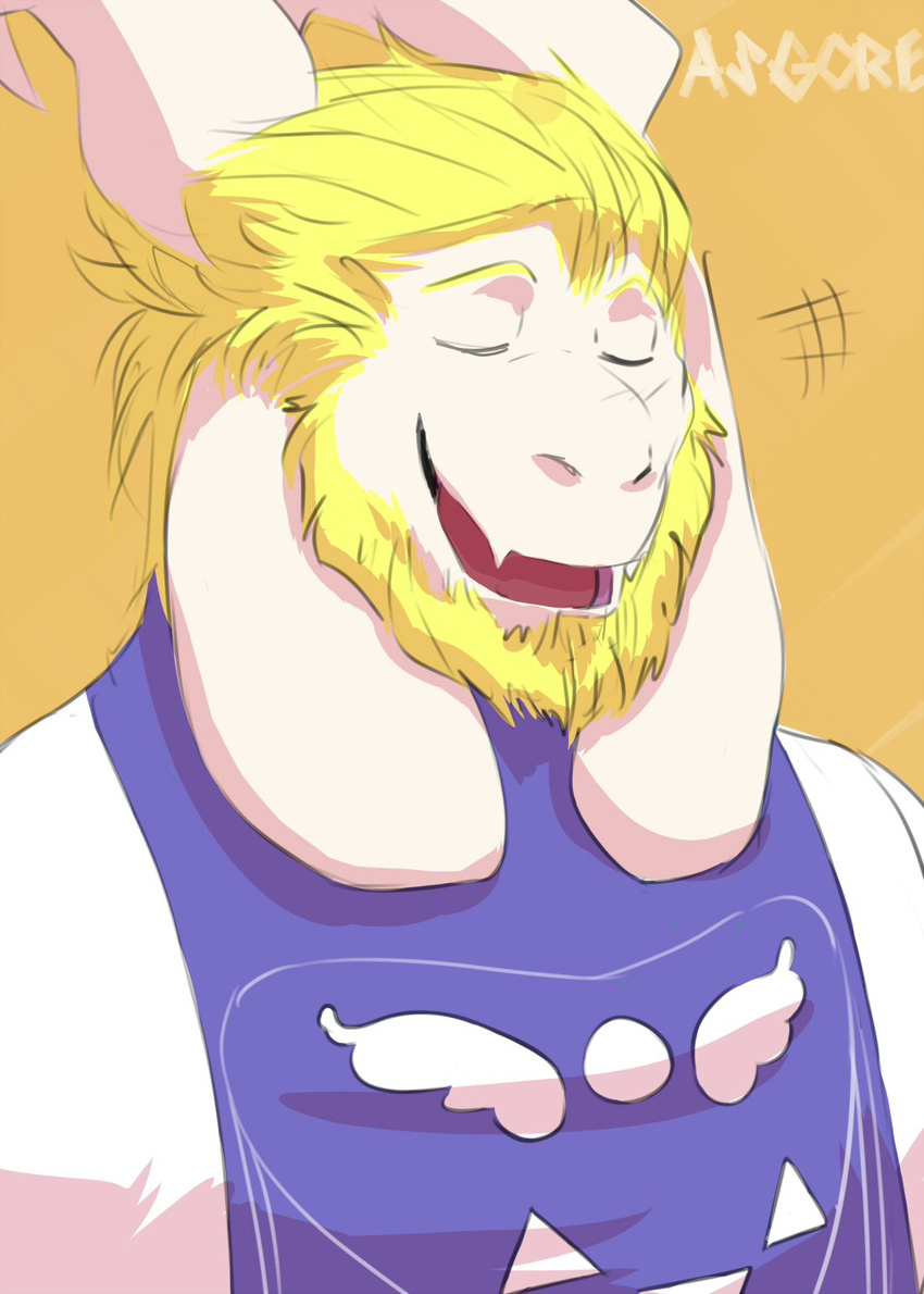 alternate_universe anthro asgore_dreemurr beard boss_monster_(undertale) bovid caprine closed_eyes clothing delta_rune_(emblem) facial_hair fur hi_res male mammal mature_anthro mature_male muscular muscular_anthro muscular_male open_mouth repzzmonster shirt smile solo symbol topwear underswap undertale undertale_(series) white_body white_fur