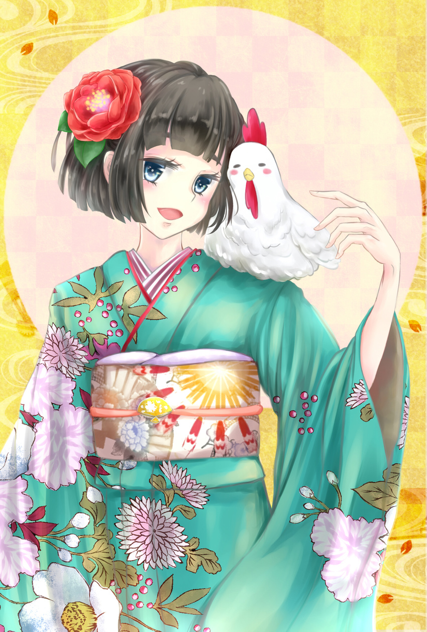 animal bird black_hair blue_eyes chicken chinese_zodiac commentary_request female floral_print flower hair_flower hair_ornament happy_new_year highres japanese_clothes kanchuumimai kimono nengajou new_year open_mouth original saramaganekoko upper_body year_of_the_rooster