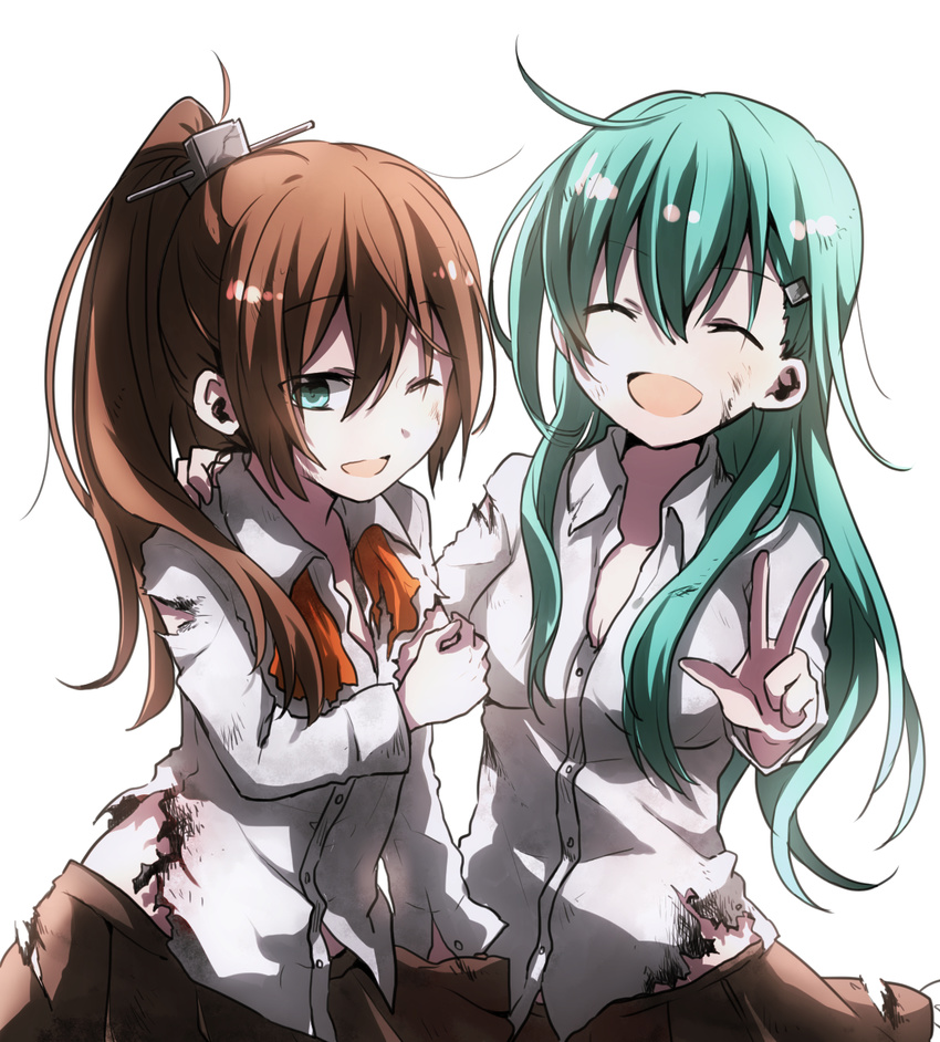 2girls aqua_hair blue_eyes brown_hair commentary_request hair_ornament hairclip highres kantai_collection kumano_(kancolle) long_hair multiple_girls ponytail ryukadomatsu smile suzuya_(kancolle) torn_clothes uniform v wince