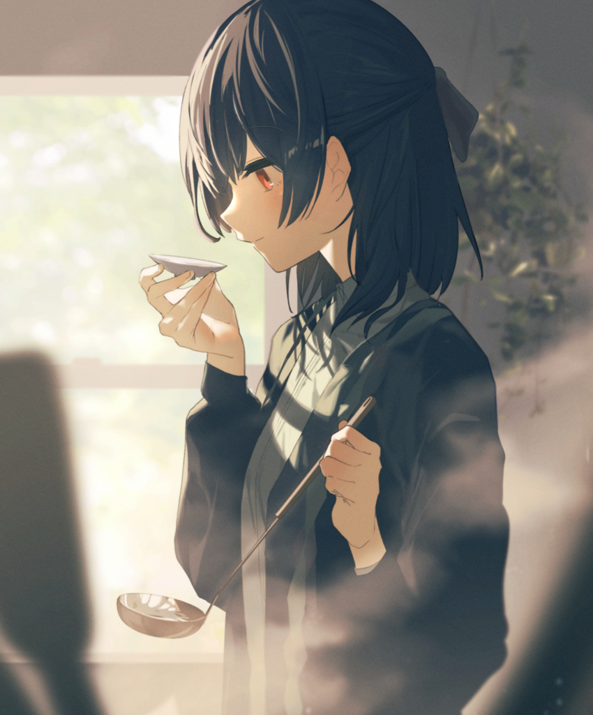 backlighting bad_id bad_pixiv_id black_hair black_jacket black_ribbon blush closed_mouth collared_shirt cooking female from_side grey_shirt hair_ribbon highres holding idolmaster idolmaster_shiny_colors indoors jacket ladle long_hair long_sleeves morino_rinze open_clothes open_jacket plate profile red_eyes ribbon shirt smile solo tasting tasting_plate upper_body window yomizu