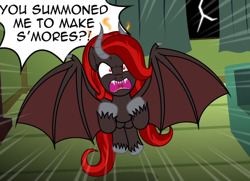 angry badumsquish curtains demon demon_pony dialogue electricity english_text fan_character fangs female fire hair hasbro hell_horse hellhorse hi_res horn kim_stone_(oc) lightning looking_at_viewer membrane_(anatomy) membranous_wings multicolored_hair my_little_pony pupils red_eyes red_hair sharp_teeth slit_pupils solo teeth text two_tone_hair window wings yelling