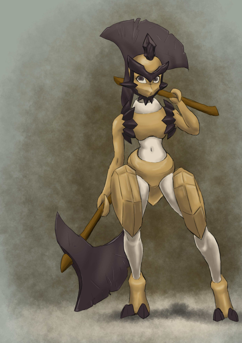 absurd_res anthro arthropod axe battle_axe claws exoskeleton female fighting_pose generation_8_pokemon hi_res insects kleavor melee_weapon navel nintendo pokemon pokemon_(species) pokemon_legends_arceus pose shaded solo surik334 toe_claws weapon