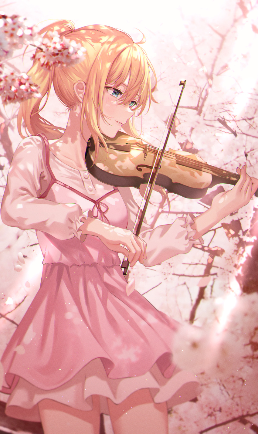 absurdres ahoge blonde_hair blue_eyes bow_(music) cherry_blossoms collarbone commentary_request cowboy_shot day female highres holding holding_instrument holding_violin instrument long_hair long_sleeves looking_away looking_to_the_side miyazono_kawori music outdoors petals pink_skirt playing_instrument ponytail ribbon shigatsu_wa_kimi_no_uso shirt skirt solo tokkyu violin