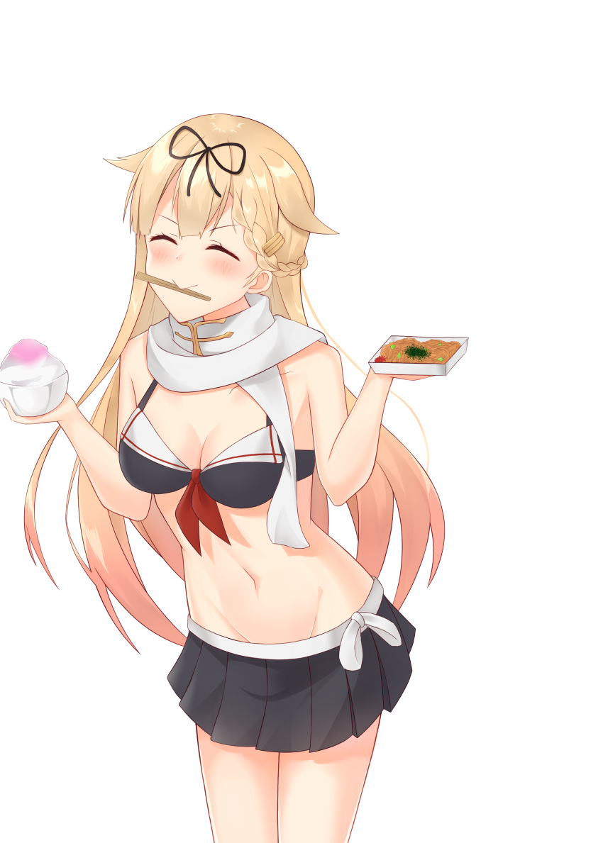 ^_^ absurdres bikini bikini_skirt black_bikini black_ribbon blonde_hair blush breasts chopsticks chopsticks_in_mouth cleavage closed_eyes female food gradient_hair hair_flaps hair_ornament hair_ribbon hairclip highres holding holding_food ishmofu kantai_collection long_hair medium_breasts multicolored_hair ribbon sailor_bikini sailor_collar scarf shaved_ice simple_background solo swimsuit white_background white_scarf yakisoba yuudachi_(kancolle) yuudachi_kai_ni_(kancolle) yuudachi_kai_ni_(swimsuit)_(kancolle)