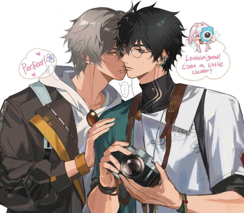 ... 2boys banned_artist black-framed_eyewear black_hair black_jacket blush caelus_(honkai:_star_rail) camera chinese_clothes dan_heng_(honkai:_star_rail) dan_heng_(next_stop_yi_county)_(honkai:_star_rail) earrings english_text eyeliner female glasses green_eyes grey_hair highres holding holding_camera honkai:_star_rail honkai_(series) imminent_kiss jacket jewelry long_jacket long_sleeves looking_at_viewer lyoo_(gajyago) makeup male_focus march_7th_(honkai:_star_rail) medium_hair multiple_boys pink_hair red_eyeliner short_hair smile trailblazer_(honkai:_star_rail) yaoi yellow_eyes