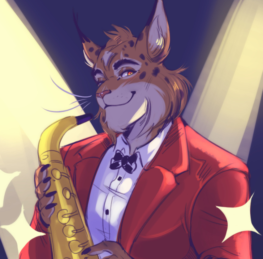 anthro biped blacksad blush bow_tie brown_body brown_fur claws clothed clothing dress_shirt felid feline finger_claws fur hi_res holding_musical_instrument holding_object joe_dunn lynx male mammal markings musical_instrument red_clothing red_topwear saxophone shirt smile solo spots spotted_body spotted_fur suit topwear vhkansfweer whiskers white_clothing white_shirt white_topwear wind_instrument woodwind_instrument