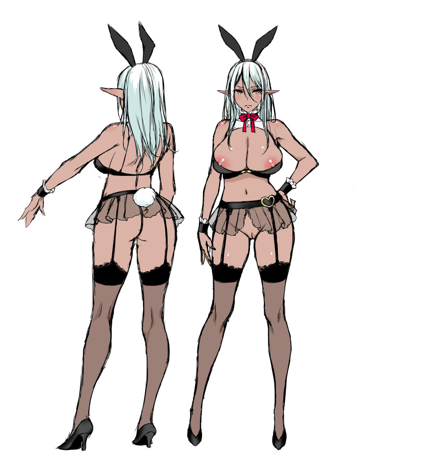 absurdres animal_ears ass back black_thighhighs blue_hair bra breasts cleavage dark-skinned_female dark_elf dark_skin elf fake_animal_ears fake_tail female full_body garter_straps genderswap_(mtf) high_heels highres huge_breasts long_hair looking_at_viewer multiple_views navel nipple_slip nipples original pointy_ears pussy rabbit_ears rabbit_tail raina_(usagi_nagomu) rule_63 shelf_bra showgirl_skirt simple_background tail thighhighs underwear usagi_nagomu white_background yellow_eyes